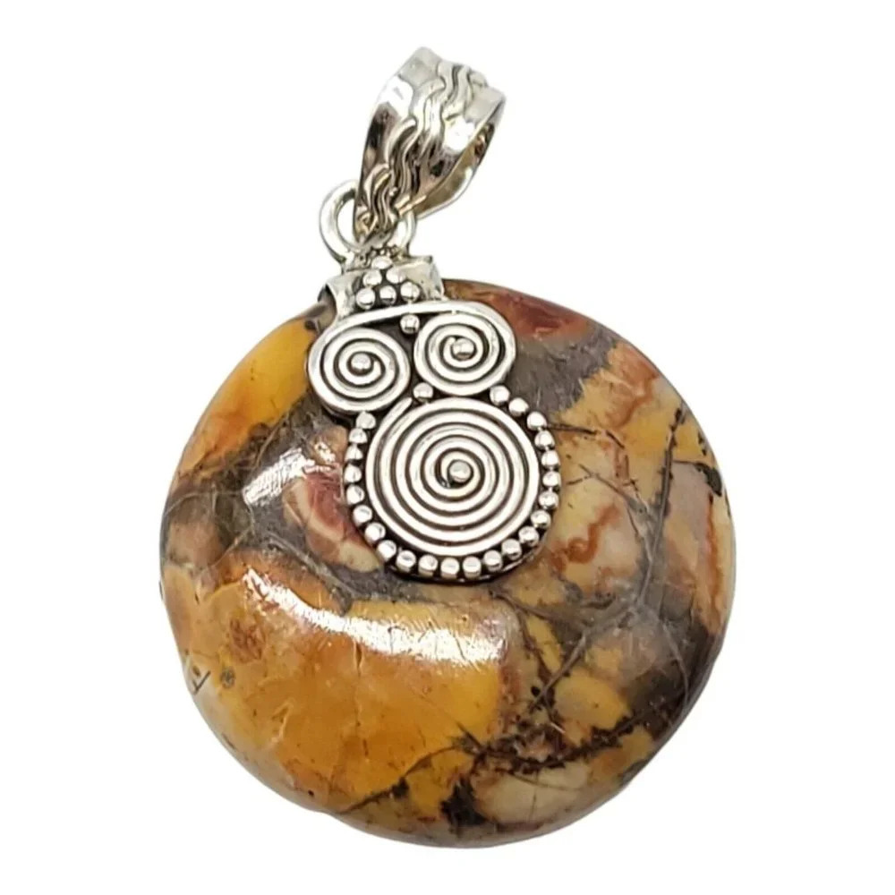 Sterling Silver .925 Orange Brown Brecciated Jasper Pendant 1.5"
